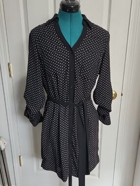 Express Black Polka Dot Long-Sleeve Dress with Belt
